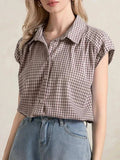 Plaid Button Up Cap Sleeve Shirt - Trendsi - Flyclothing LLC