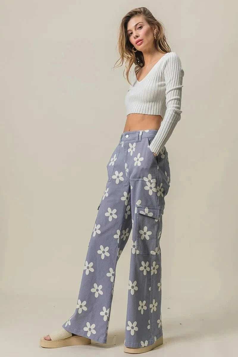 BiBi Flower Printed Side Pocket Wide Pants - Trendsi - Flyclothing LLC