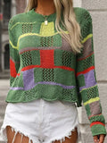 Openwork Color Block Round Neck Sweater - Trendsi - Flyclothing LLC