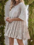Sequin Round Neck Half Sleeve Mini Dress - Trendsi - Flyclothing LLC