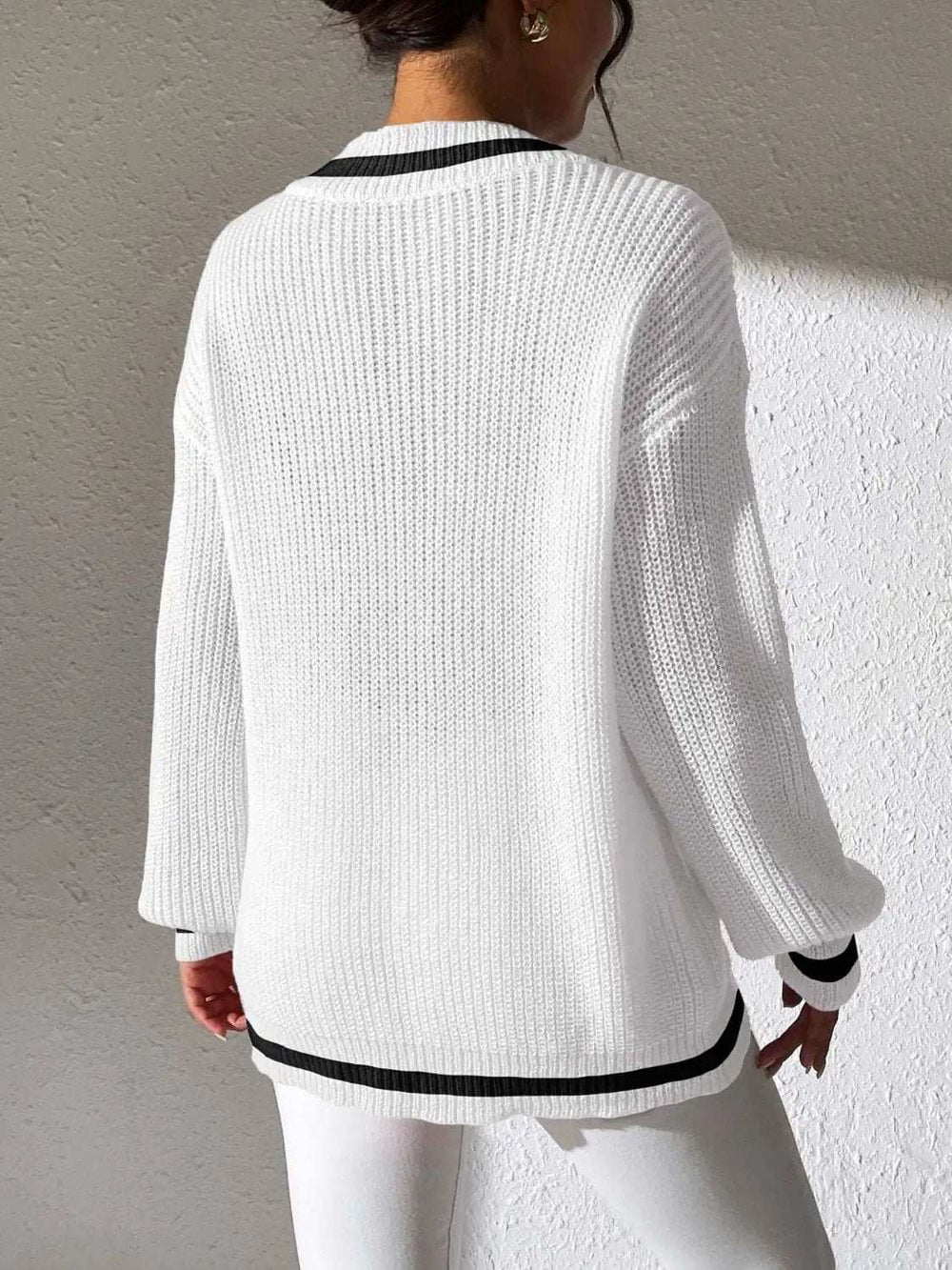 Contrast Trim V-Neck Long Sleeve Sweater - Trendsi - Flyclothing LLC