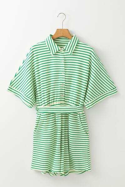 Striped Half Sleeve Tie Waist Romper - Trendsi - Flyclothing LLC