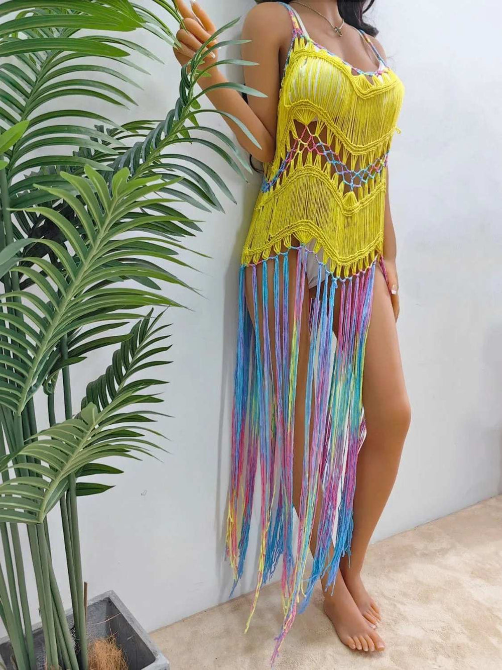 Fringe Scoop Neck Spaghetti Strap Cover-Up - Trendsi - Flyclothing LLC