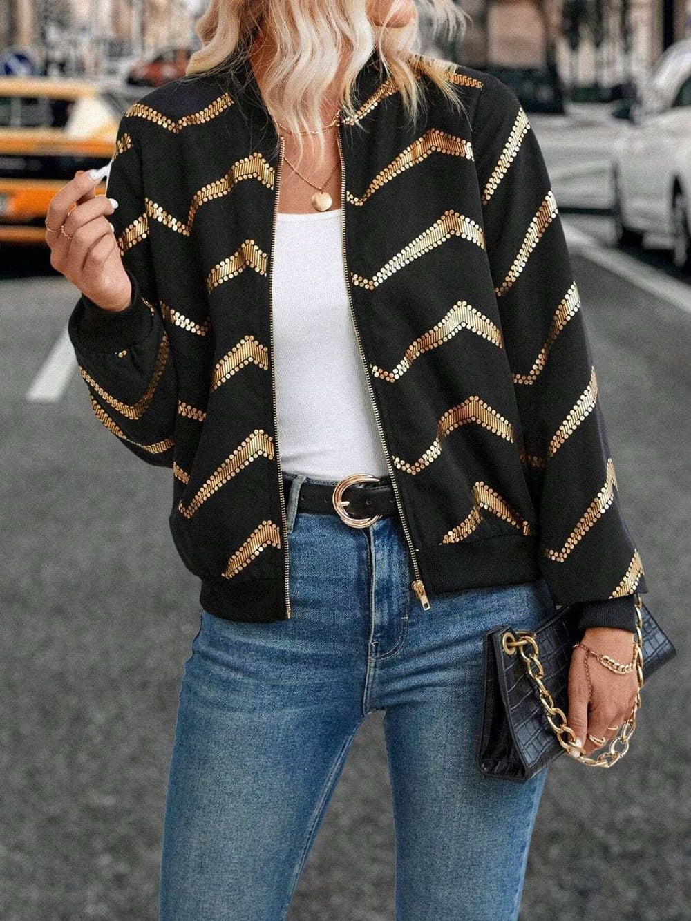 Printed Baseball Collar Zip Up Jacket - Trendsi - Flyclothing LLC