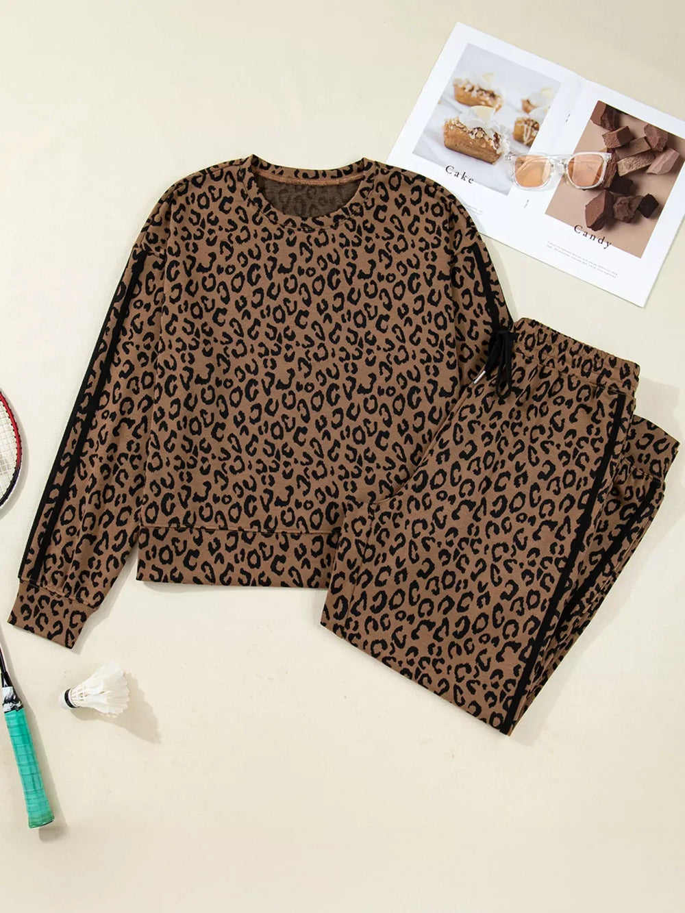 Striped Trim Leopard Long Sleeve Top Drawstring Pant Set - Trendsi - Flyclothing LLC