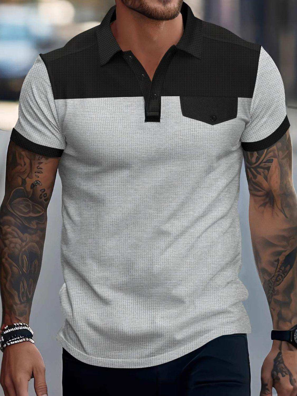 Men's Full Size Waffle-Knit Collared Contrast Polo Plus Size - Trendsi - Flyclothing LLC