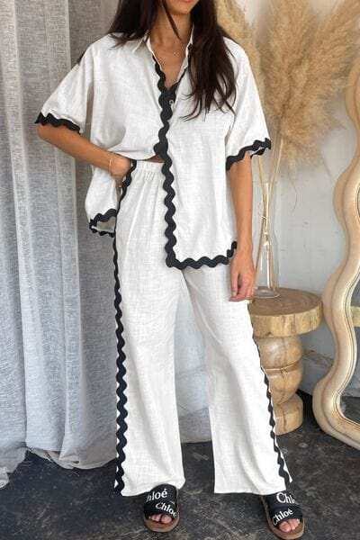 Contrast Trim Half Sleeve Top and Pants Set - Trendsi - Flyclothing LLC