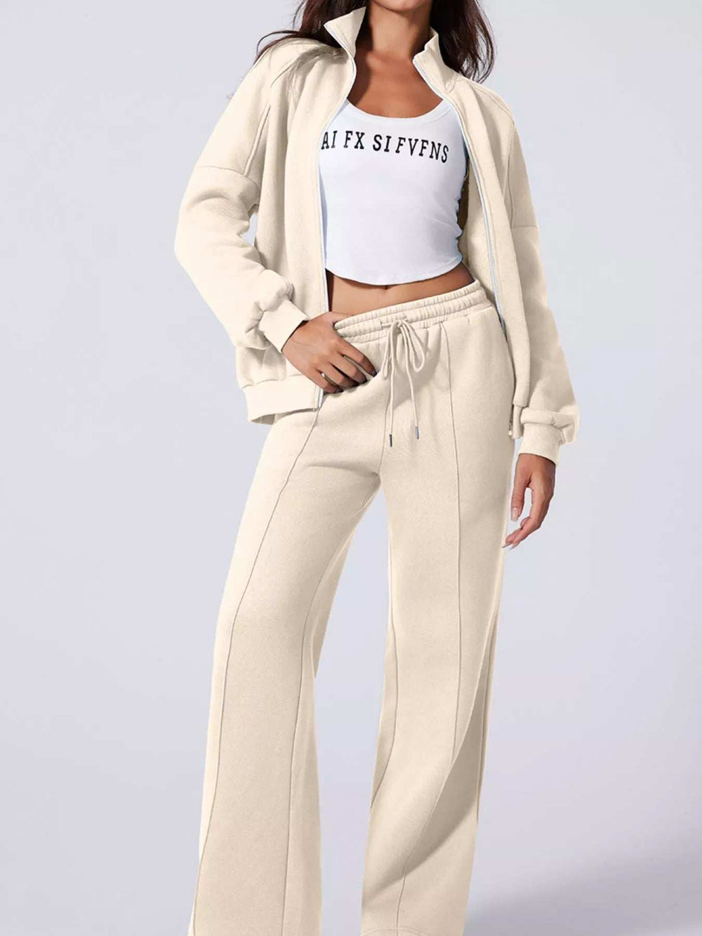 Drop Shoulder Zip Up Jacket and Drawstring Pants Active 2pcs Set - Trendsi - Flyclothing LLC