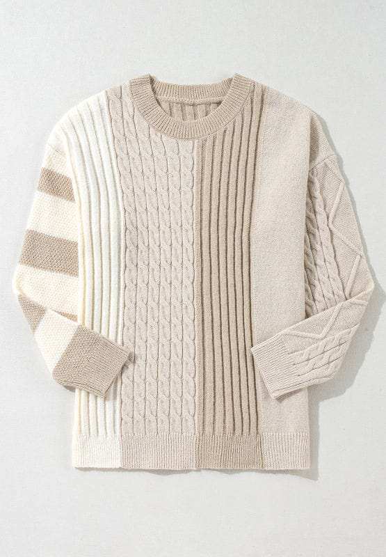 Cable-Knit Color Block Round Neck Sweater - Trendsi - Flyclothing LLC