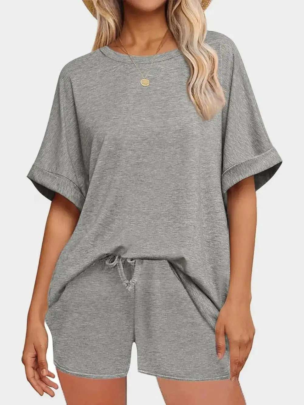 Round Neck T-Shirt and Drawstring Shorts Set - Trendsi - Flyclothing LLC