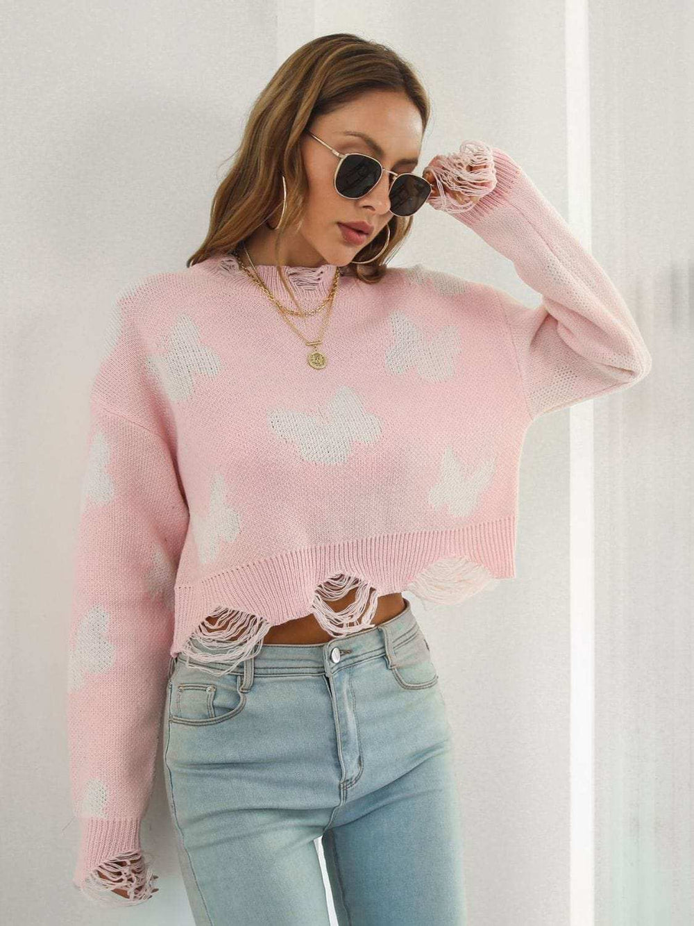 Distressed Butterfly Cropped Sweater - Trendsi - Flyclothing LLC