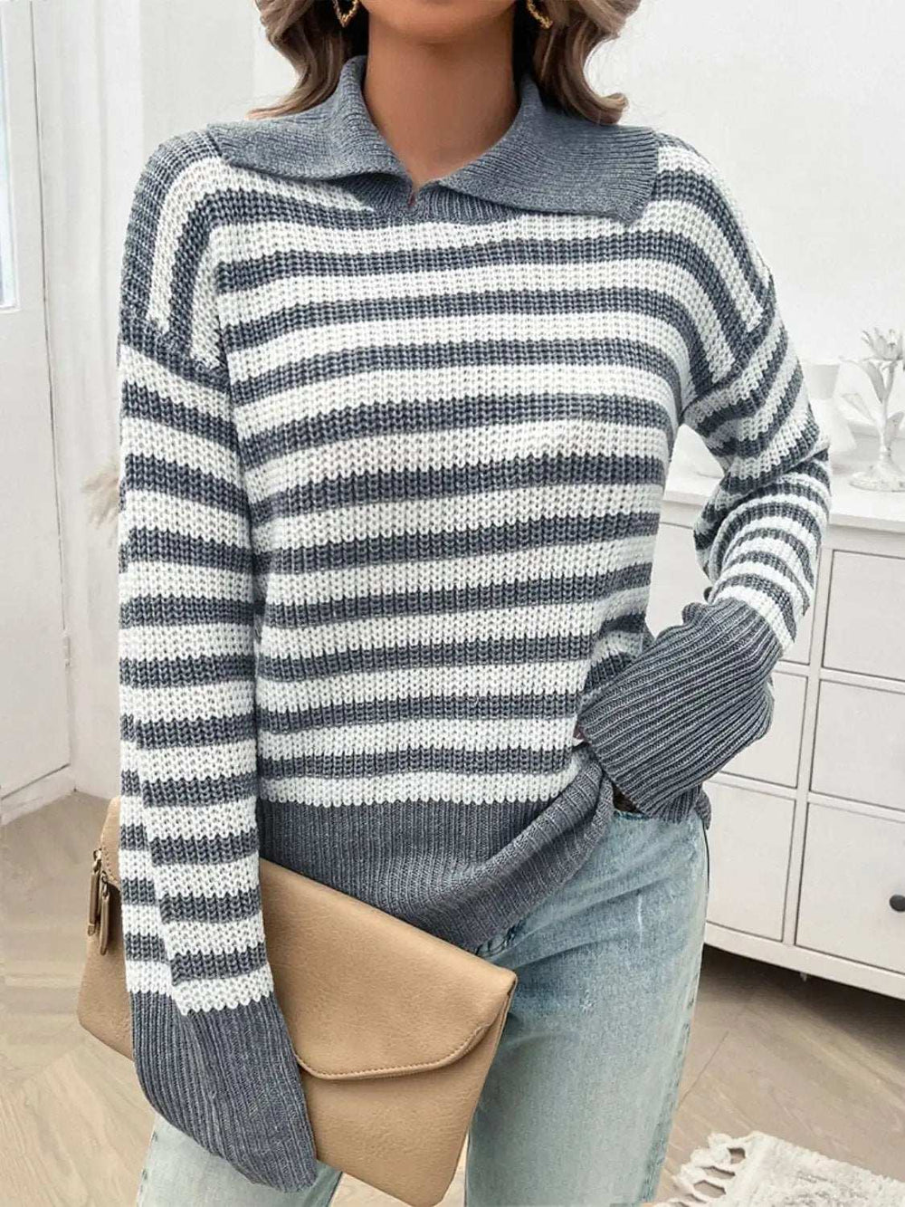 Striped Collared Neck Long Sleeve Sweater - Trendsi - Flyclothing LLC