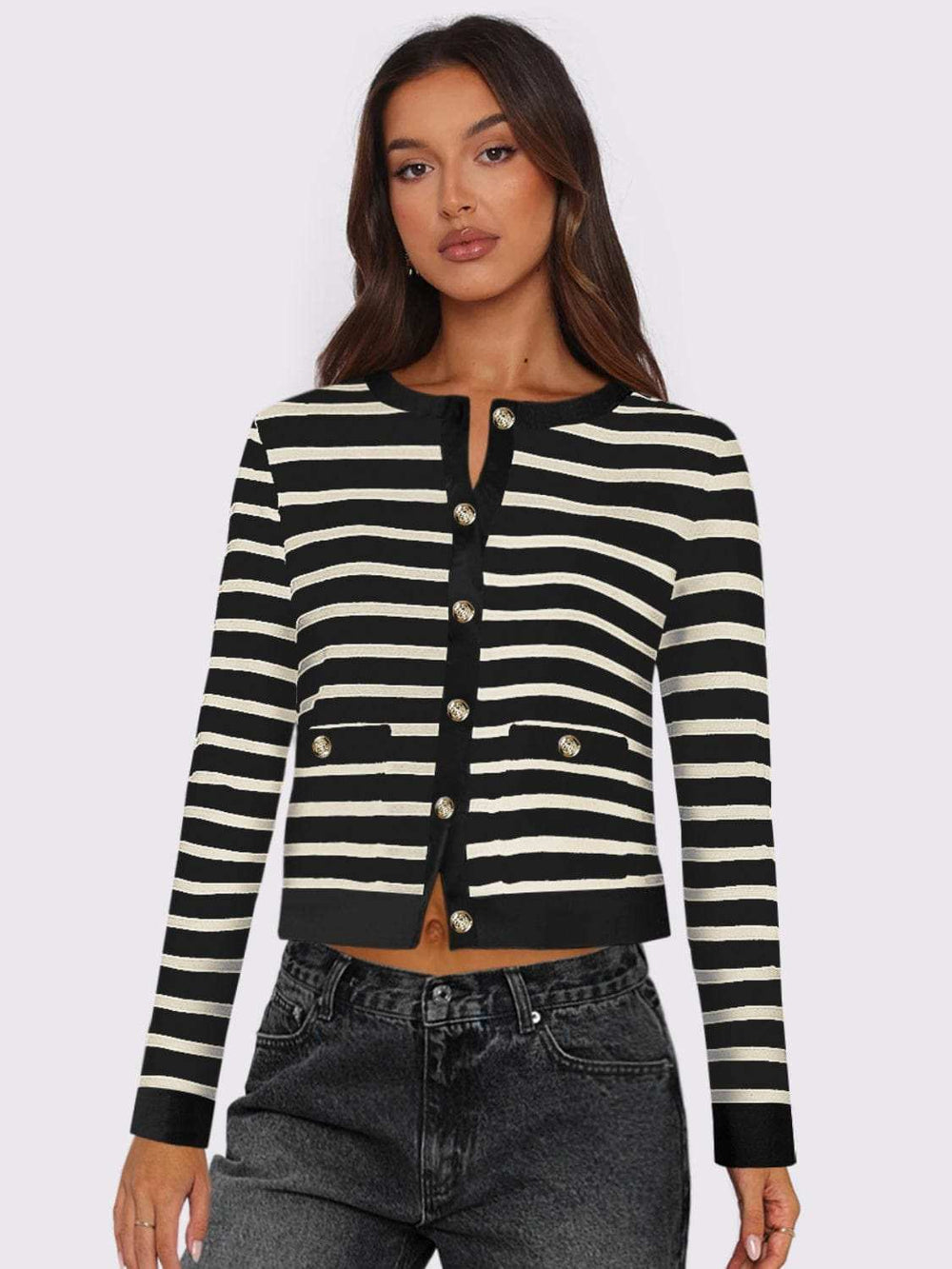 Striped Round Neck Button Up Long Sleeve Cardigan - Trendsi - Flyclothing LLC