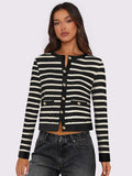 Striped Round Neck Button Up Long Sleeve Cardigan - Trendsi - Flyclothing LLC