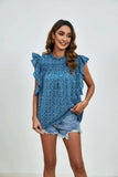 Ruffled Ditsy Floral Mock Neck Cap Sleeve Blouse - Trendsi - Flyclothing LLC