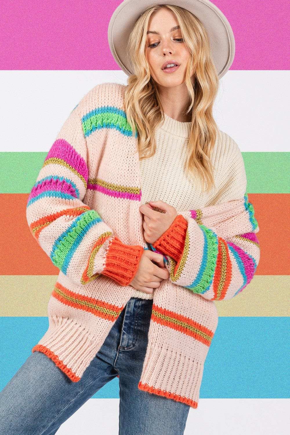 SAGE + FIG Rainbow Striped Open Front Knit Cardigan - Trendsi - Flyclothing LLC
