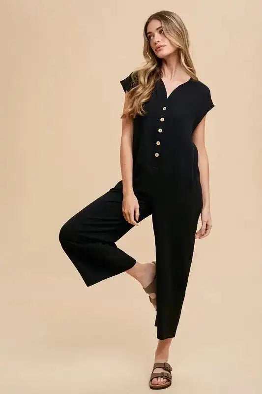 Annie Wear Button Detail Wide Leg Jumpsuit with Pockets - Trendsi - Flyclothing LLC