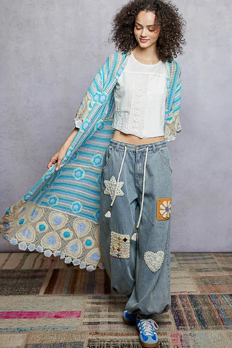 POL Striped and Floral Pattern Crochet Longline Cardigan - Trendsi - Flyclothing LLC