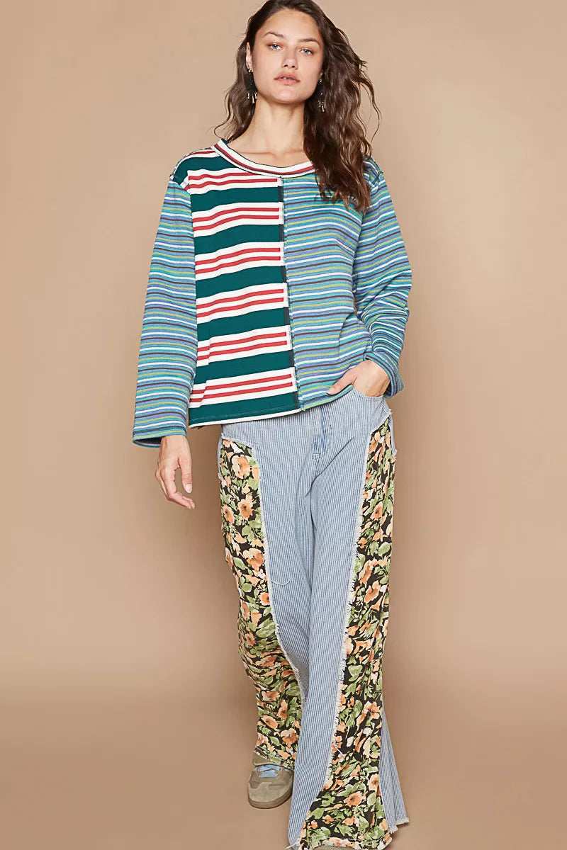 POL Color Block Striped Round Neck Long Sleeve T-Shirt - Trendsi - Flyclothing LLC