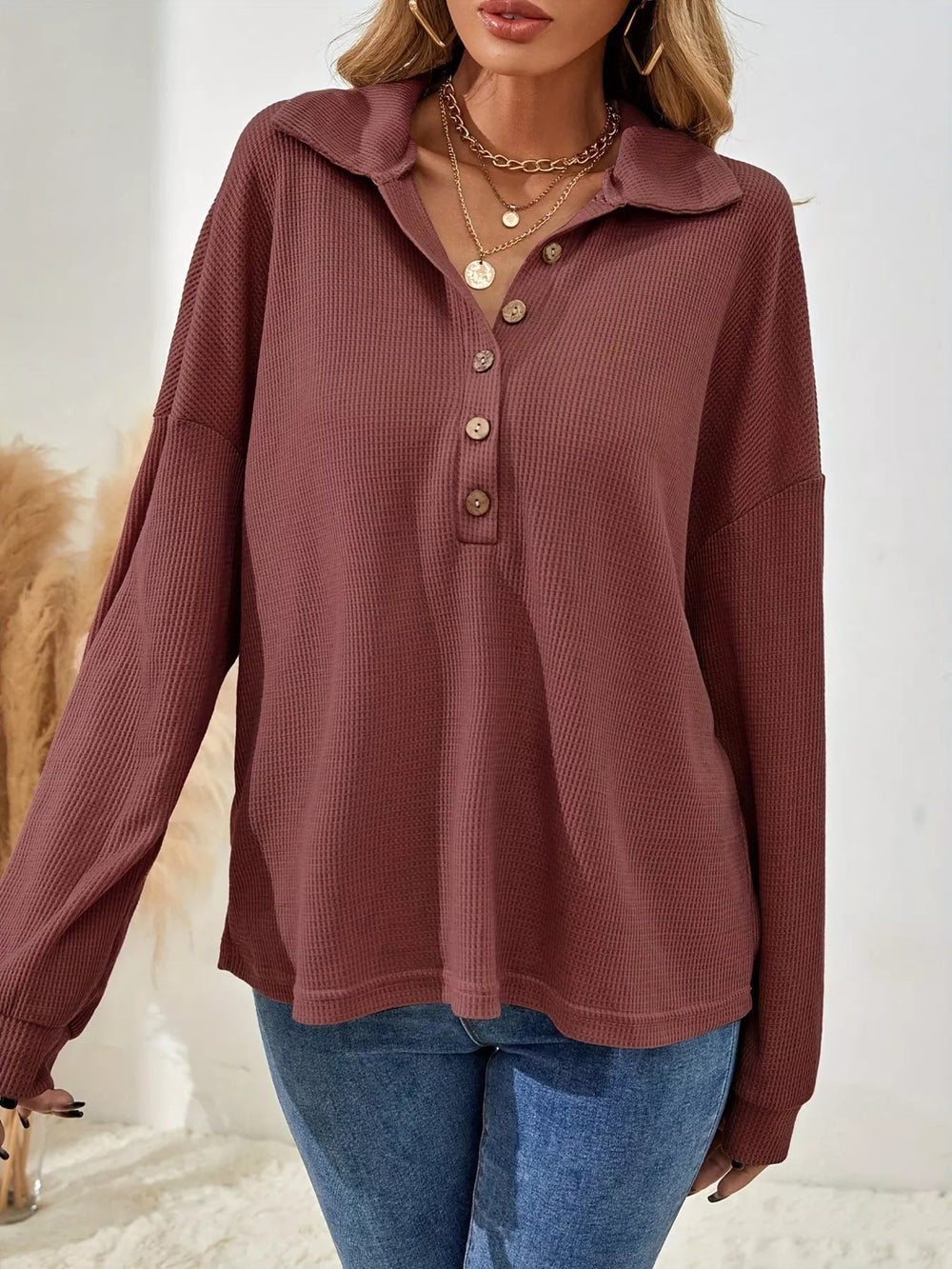 Button-Front Waffle Knit Polo Sweatshirt - Trendsi - Flyclothing LLC