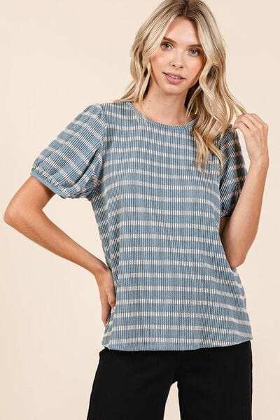 Mittoshop Contrast Striped Short Puff Sleeve Knit Top - Trendsi - Flyclothing LLC