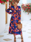 Printed Surplice Long Sleeve Midi Dress - Trendsi - Flyclothing LLC