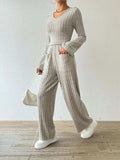 Ribbed V-Neck Long Sleeve Top and Pocketed Pants Set - Trendsi - Flyclothing LLC