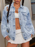 Distressed Wash Button Up Denim Jacket - Trendsi - Flyclothing LLC