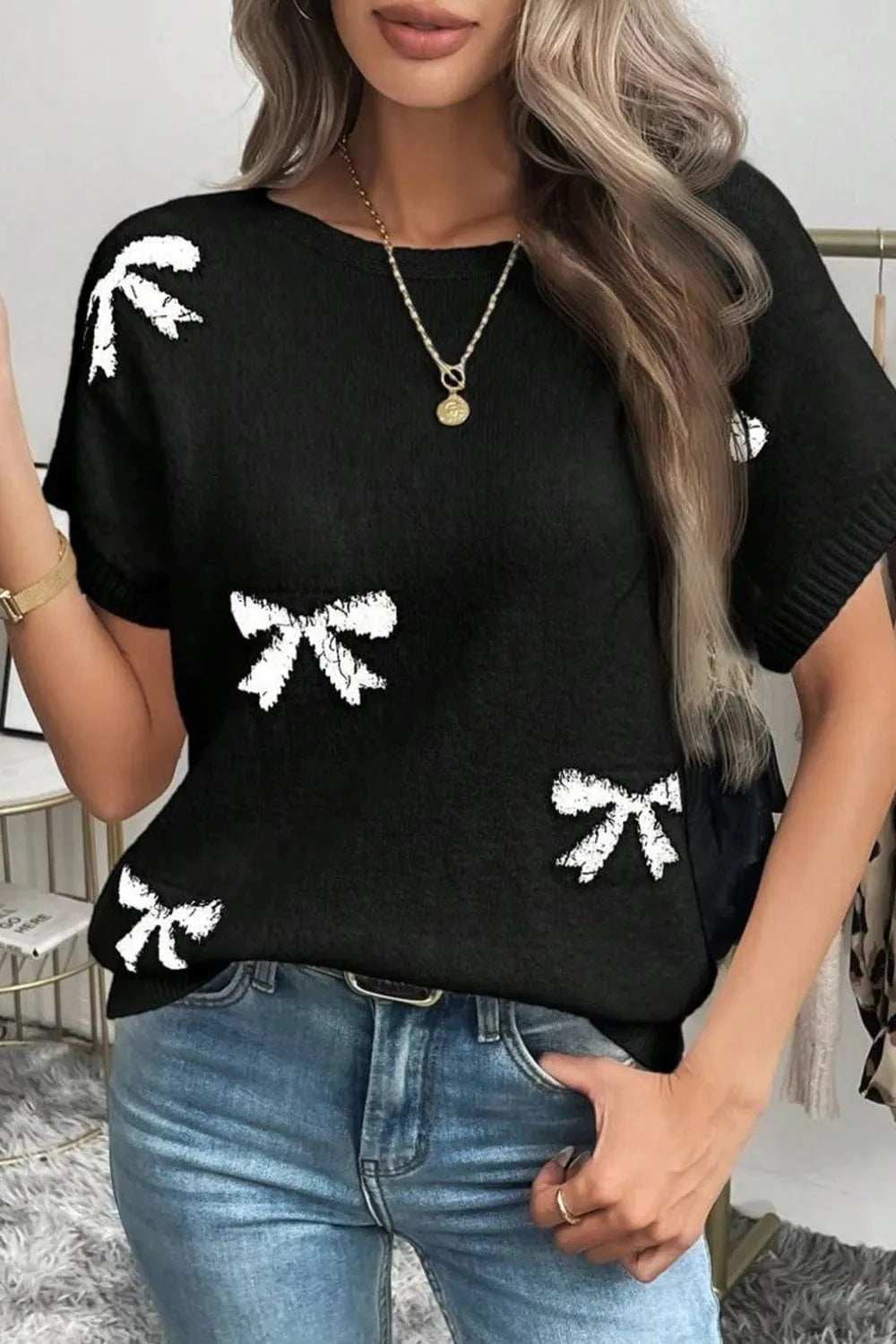 Bow Pattern Knit Short Sleeve Sweater - Trendsi - Flyclothing LLC