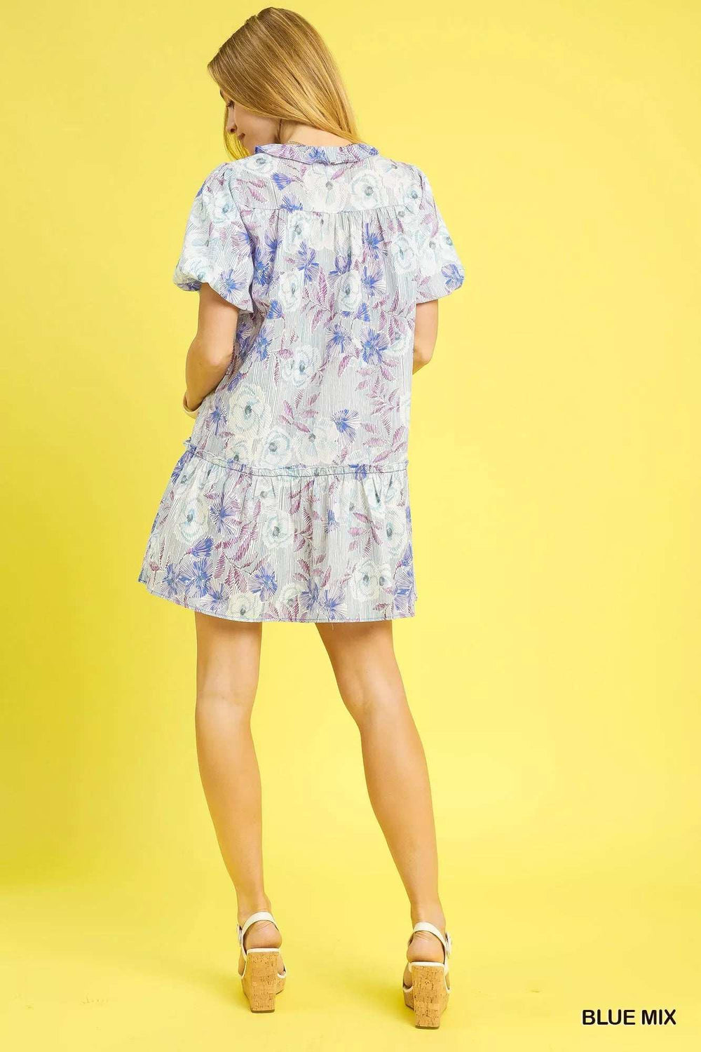 Umgee Floral Ruffled Puff Sleeve Mini Dress - Trendsi - Flyclothing LLC