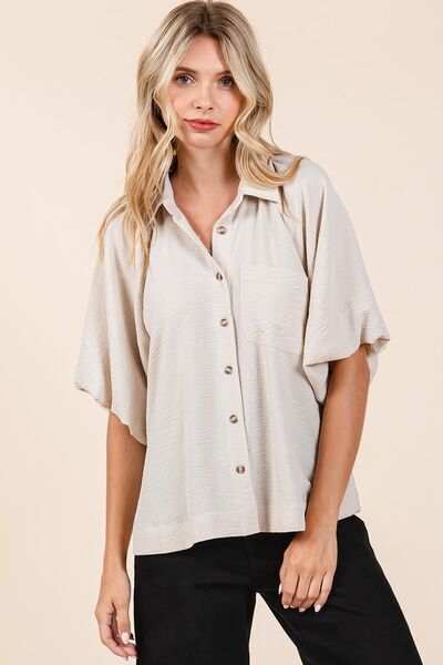 Mittoshop Airflow Short Bubble Sleeve Button Down Shirt - Trendsi - Flyclothing LLC