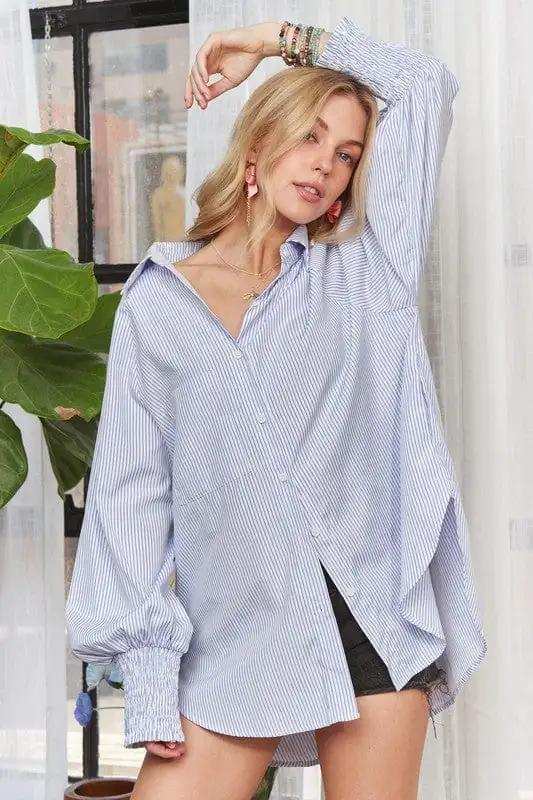 ADORA High-Low Striped Button Down Smocked Lantern Sleeve Shirt - Trendsi - Flyclothing LLC