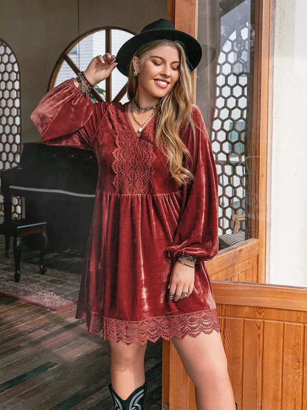 Plus Size Lace Detail V-Neck Long Sleeve Mini Dress - Trendsi - Flyclothing LLC