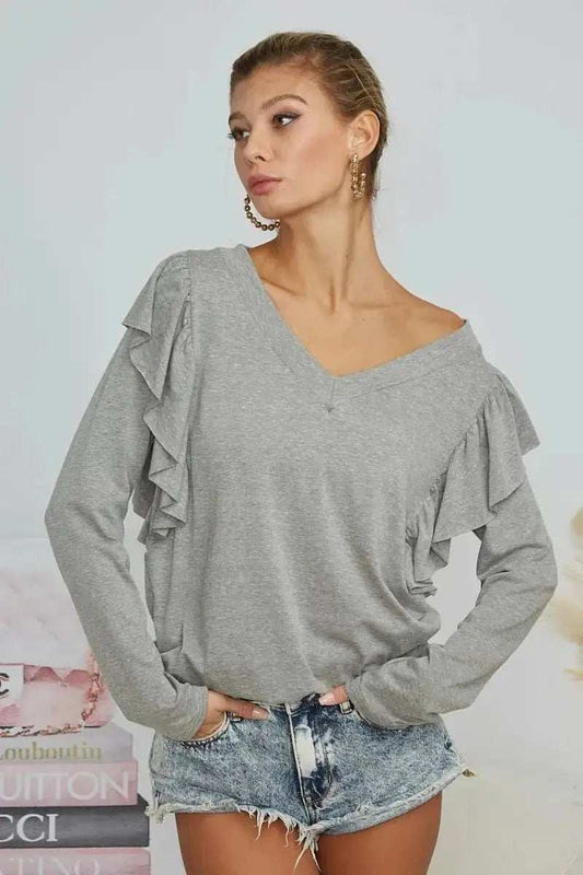 BiBi Triblend V Neck Top with Shoulder Shrring Detail - Trendsi - Flyclothing LLC