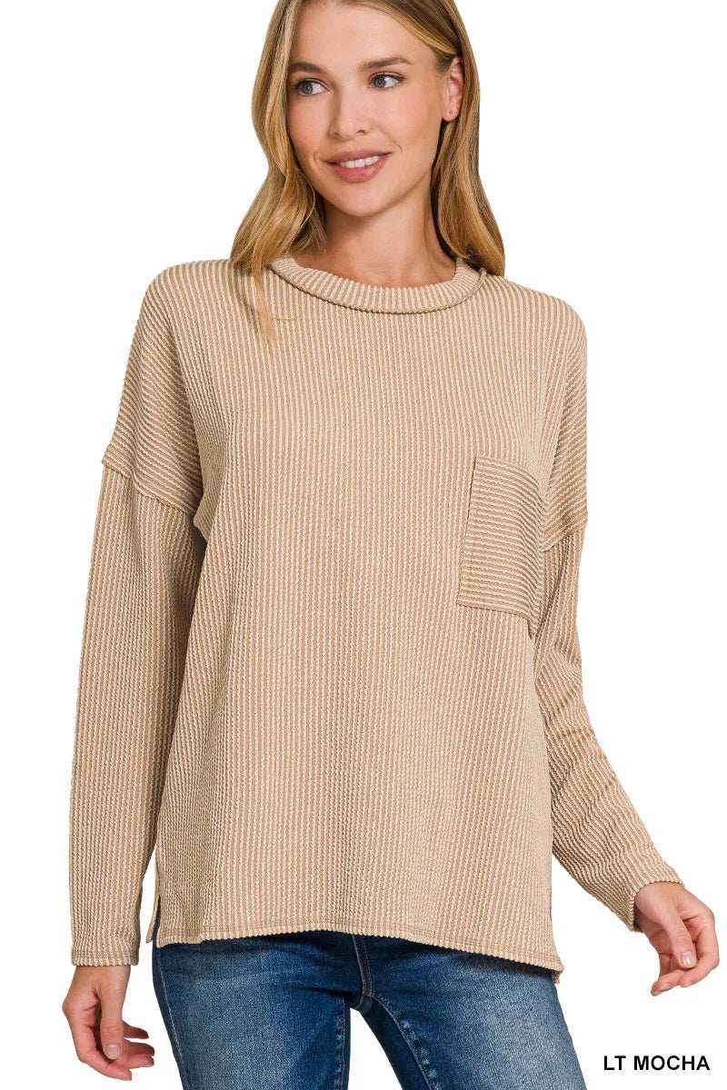Zenana Long Sleeve Drop Shoulder Rib Top - Trendsi - Flyclothing LLC