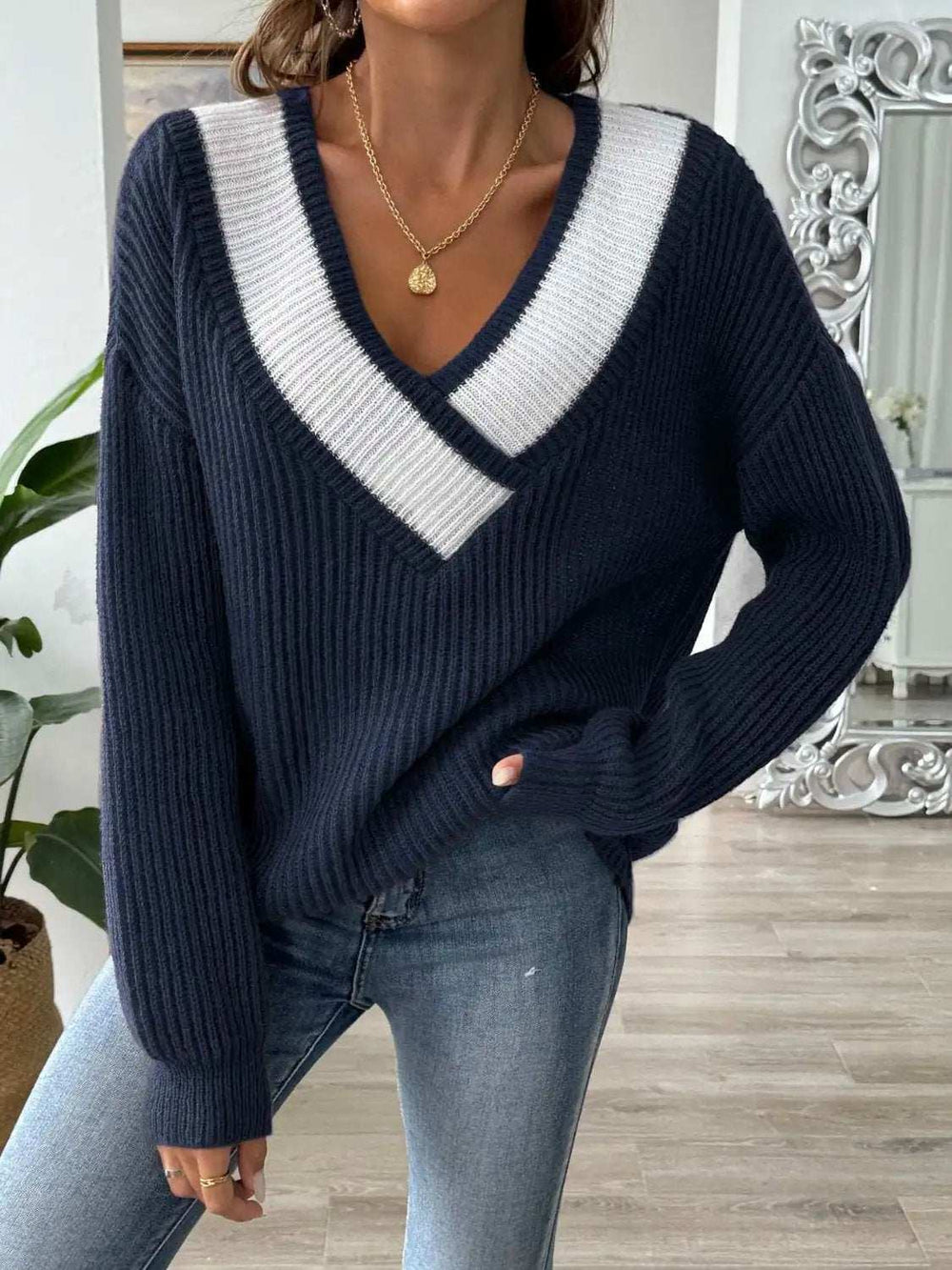 Contrast Dropped Shoulder Long Sleeve Sweater - Trendsi - Flyclothing LLC