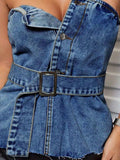 Buttoned Raw Hem Tube Denim Top - Trendsi - Flyclothing LLC