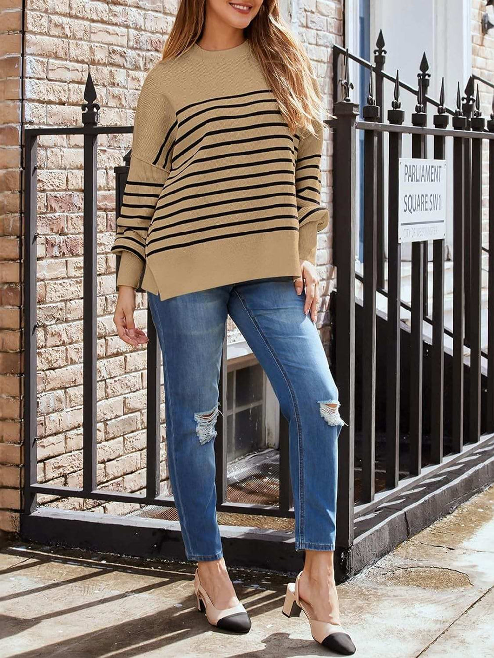 Striped Round Neck Long Sleeve Sweatshirt - Trendsi - Flyclothing LLC