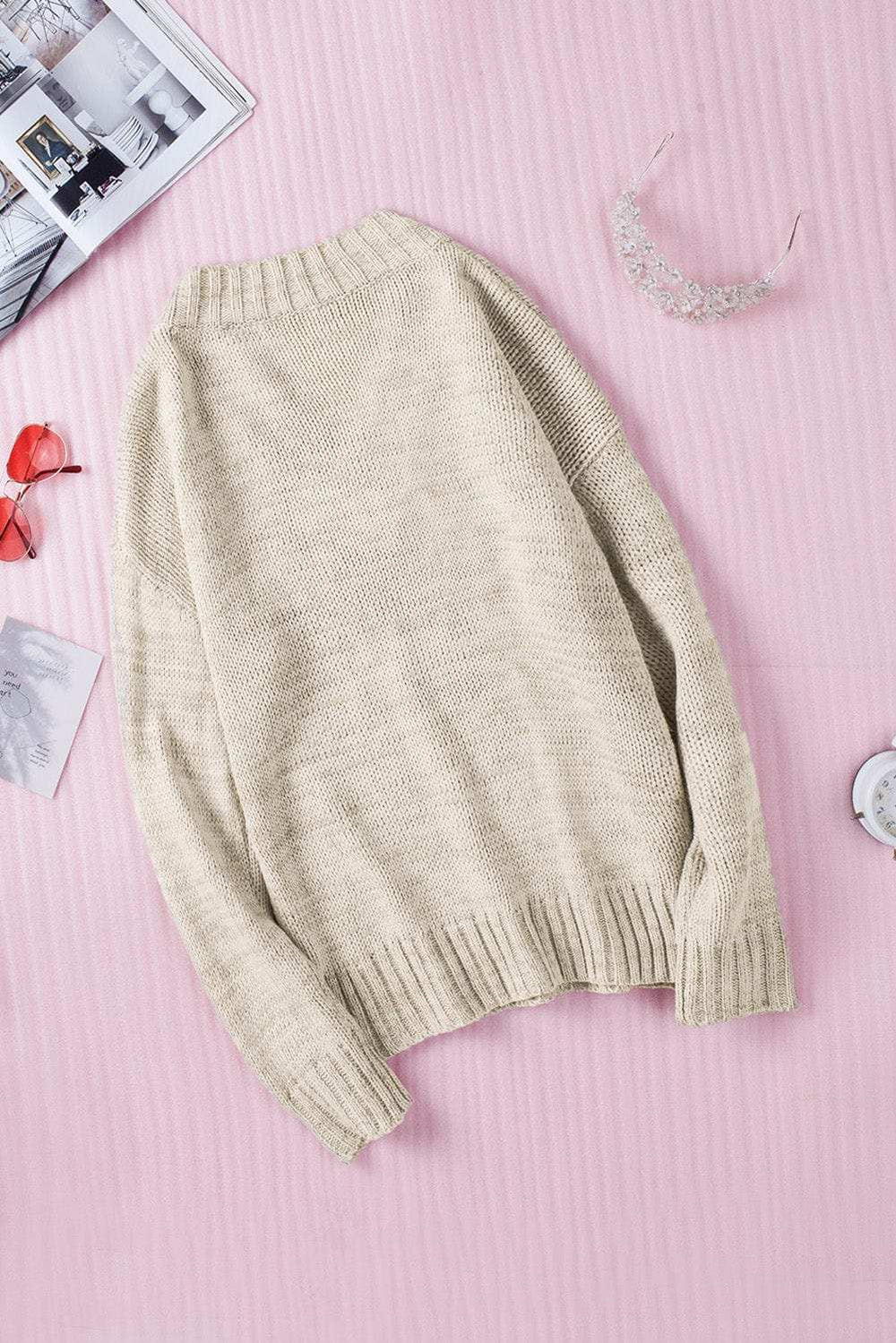 V-Neck Dropped Shoulder Sweater - Trendsi - Flyclothing LLC