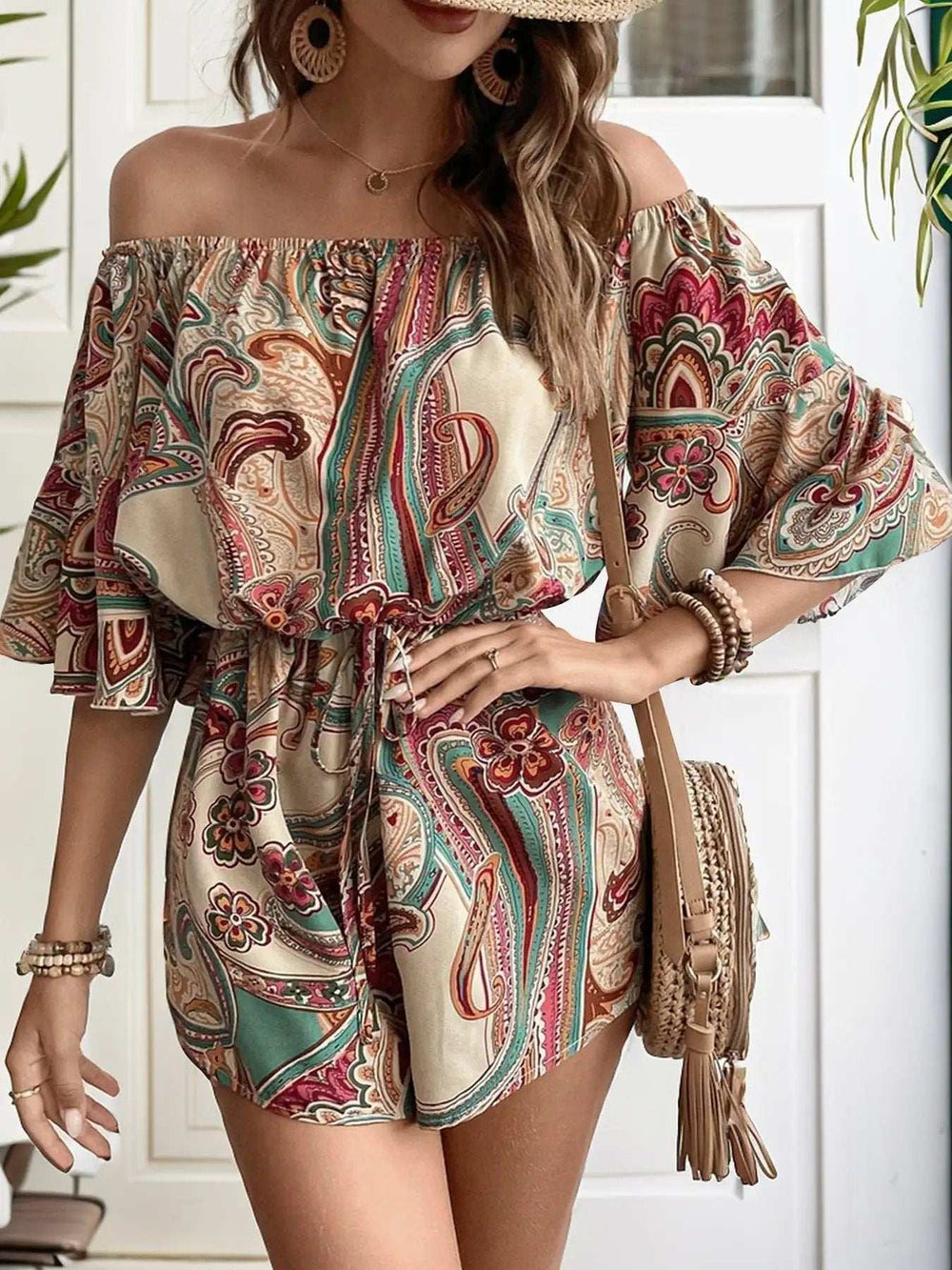Printed Off Shoulder Half Sleeve Romper - Trendsi - Flyclothing LLC