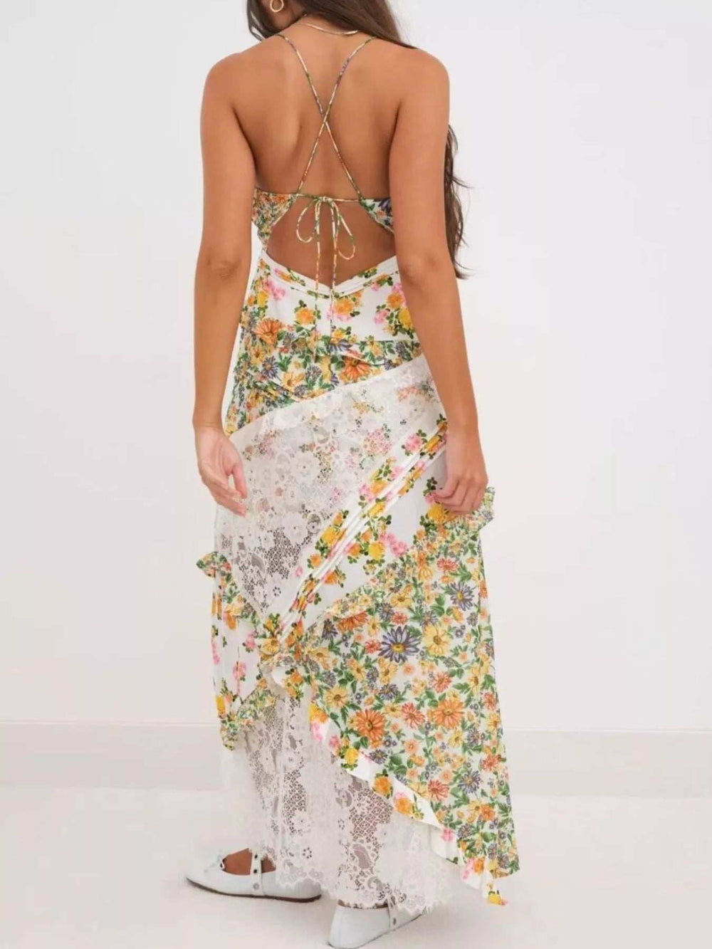 Lace Detail Ruffled Floral V-Neck Maxi Dress - Trendsi - Flyclothing LLC