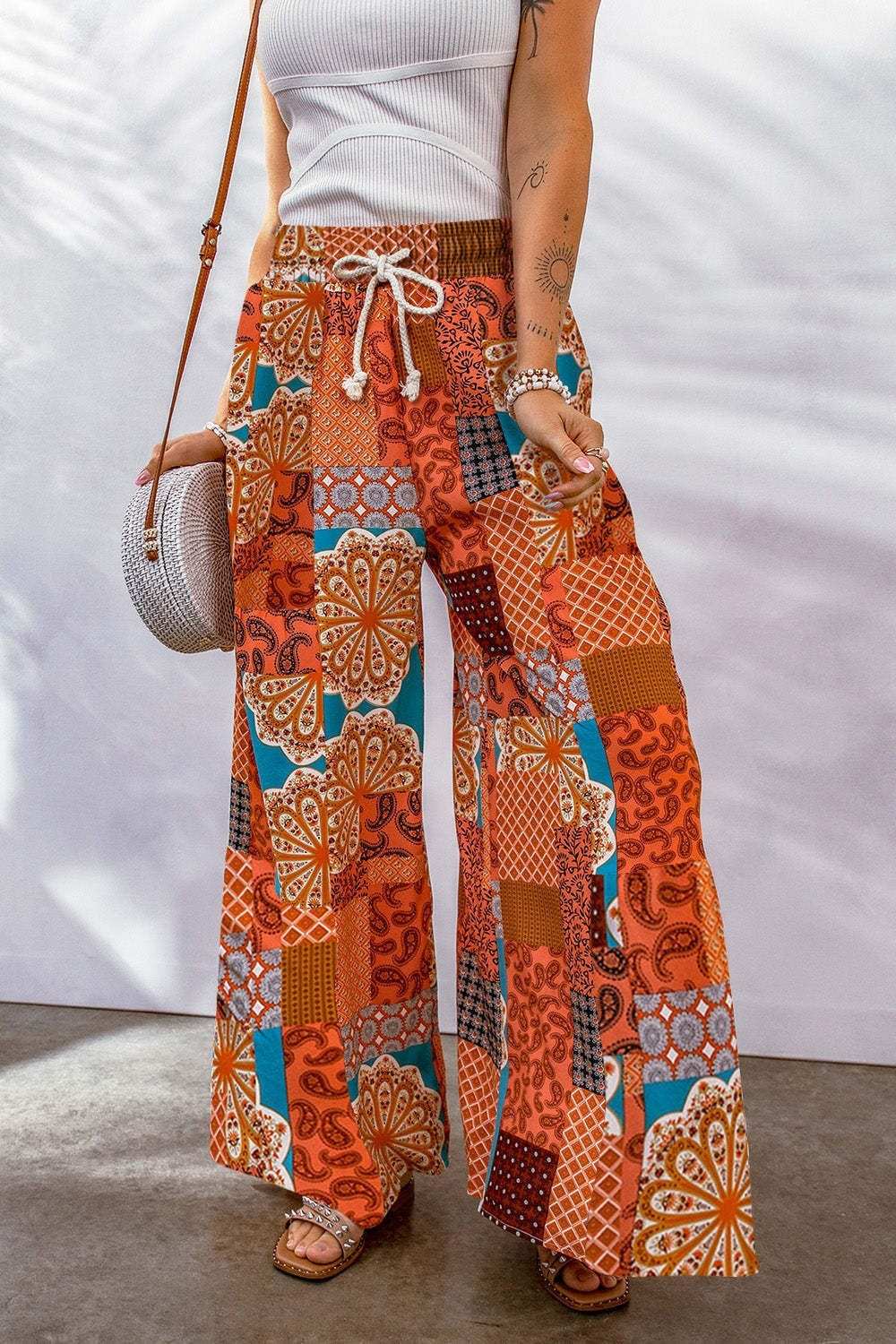 Full Size Drawstring Printed Wide Leg Pants - Trendsi - Flyclothing LLC