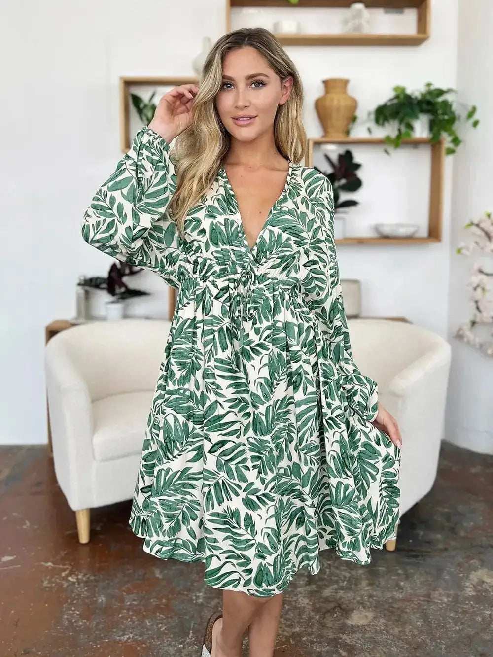 Double Take Full Size Printed Ruched Balloon Sleeve Dress - Trendsi - Flyclothing LLC