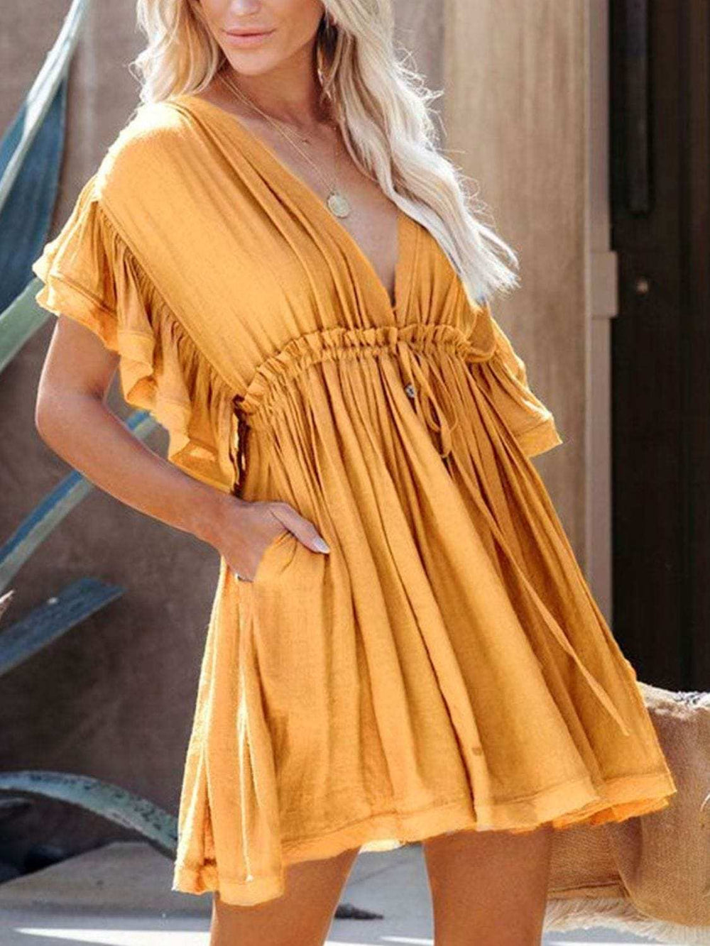 Drawstring Ruffled Half Sleeve Mini Dress - Trendsi - Flyclothing LLC