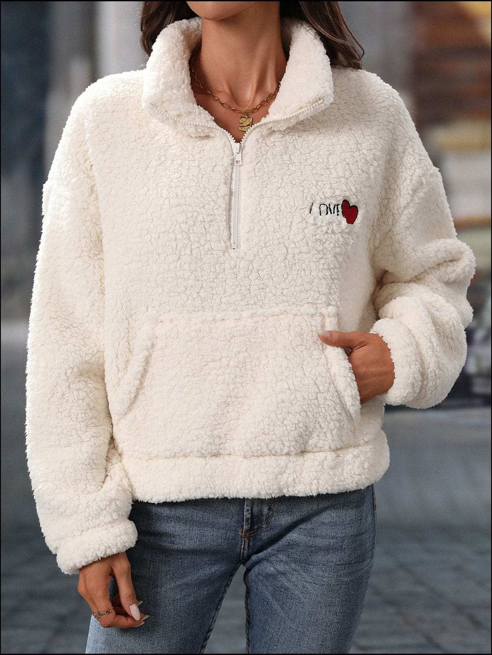 Heart Half Zip Long Sleeve Teddy Sweatshirt - Trendsi - Flyclothing LLC