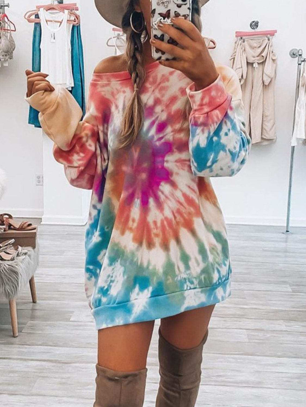 Full Size Tie-Dye Round Neck Long Sleeve Dress - Trendsi - Flyclothing LLC