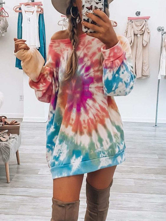 Full Size Tie-Dye Round Neck Long Sleeve Dress - Trendsi - Flyclothing LLC