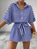 Tie Waist Half Button Striped Romper - Trendsi - Flyclothing LLC