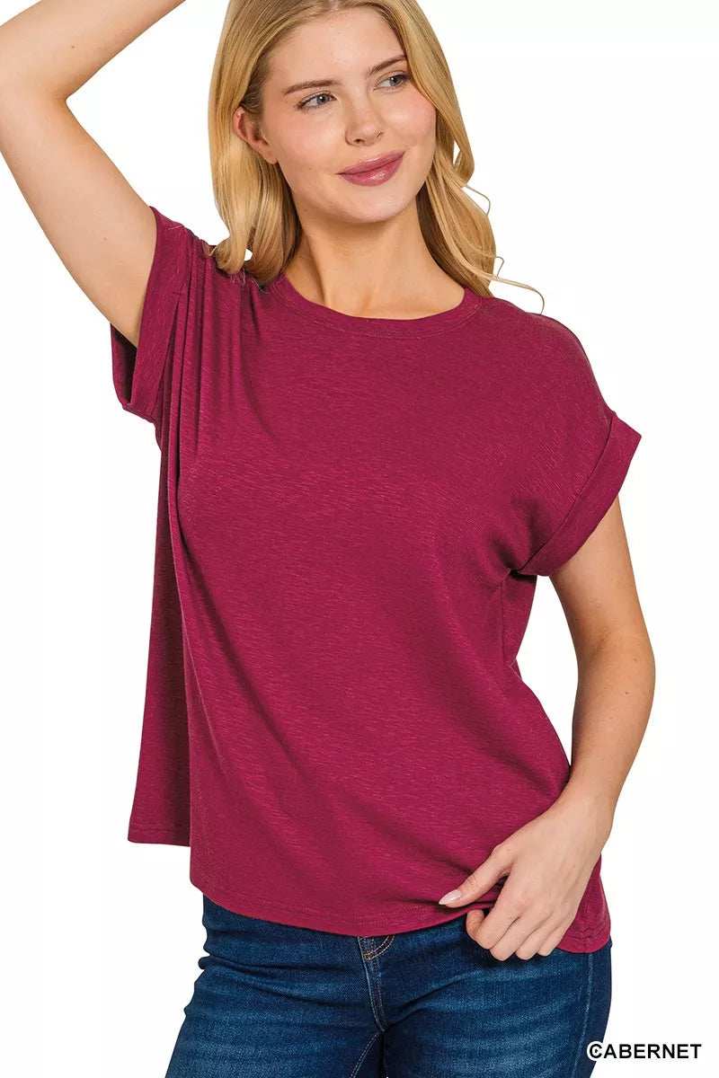 Zenana Cotton Modal Slub Rolled Sleeve T-Shirt - Trendsi - Flyclothing LLC
