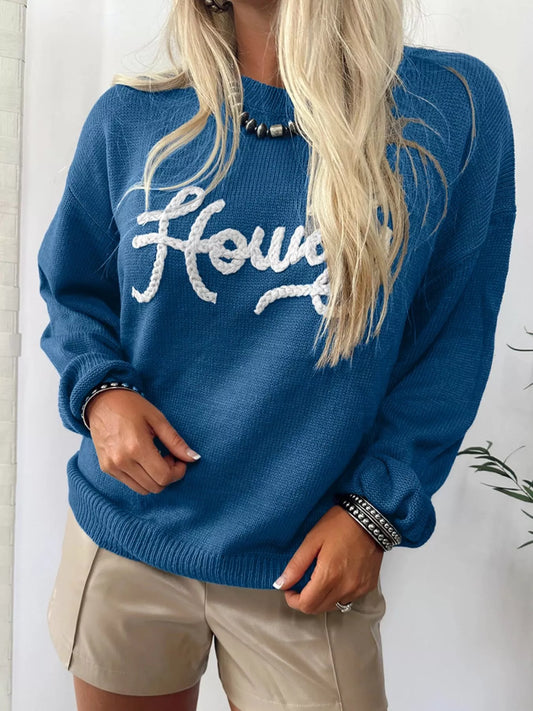 Howdy Embroidered Round Neck Sweater - Trendsi - Flyclothing LLC